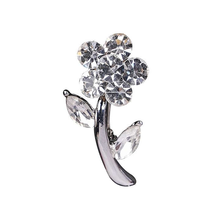 Luxury Crystal Flower Brooch with Silver Finish & Sparkling Rhinestone Leaves – Stylish Crystal Flower Pin for Sarees, Gowns, Blazers & Handbags