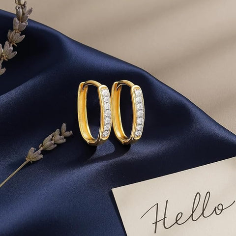 BRIA BY SAAR 925 Sterling Silver Gold-Plated Huggie Hoop Earrings for Women | Classic CZ Stone Studded Small Hoops | Elegant Daily Wear & Festive Fine Jewellery