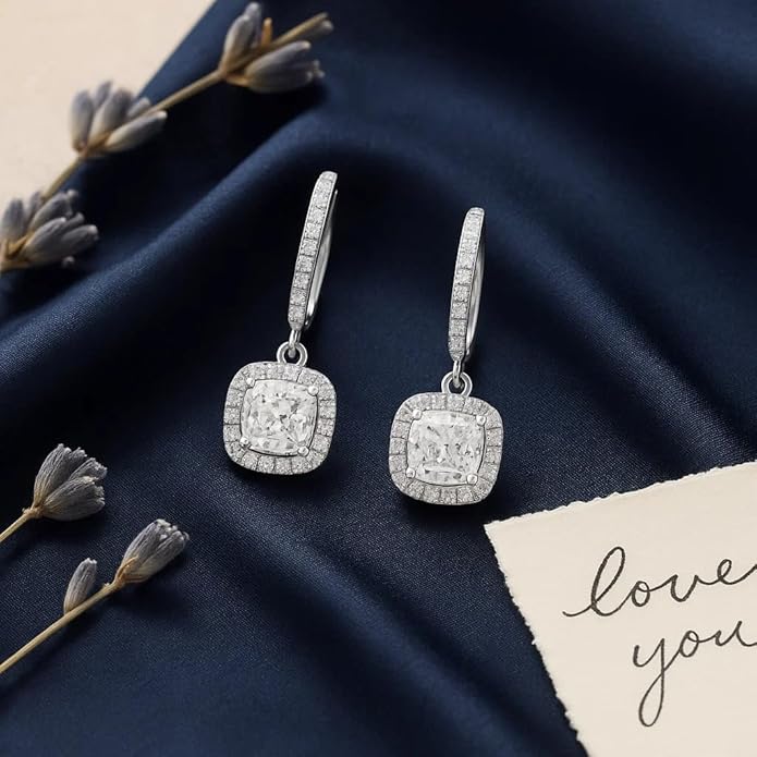 925 Sterling Silver Cushion-Cut Drop Earrings for Women | Sparkling CZ Halo Dangle Design | Elegant Wedding & Party Jewelry