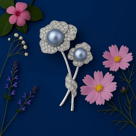 Luxury Silver Crystal Flower Brooch with Elegant Pearl Center – Sparkling Rhinestone Floral Pin for Party, Wedding, Formal for Women