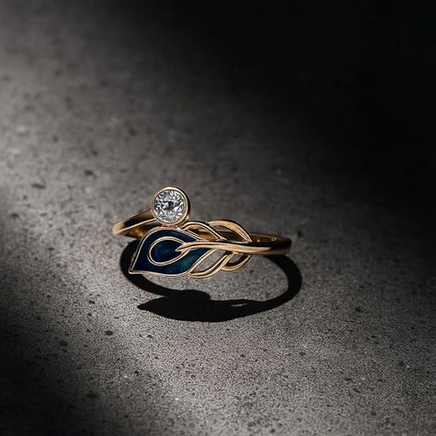BRIA BY SAAR 925 Sterling Silver Peacock Feather Ring for Women | Elegant Artistic Design with Blue Enamel & Sparkling Accents | Unique Copper-Plated Statement Jewellery | Gift for Her