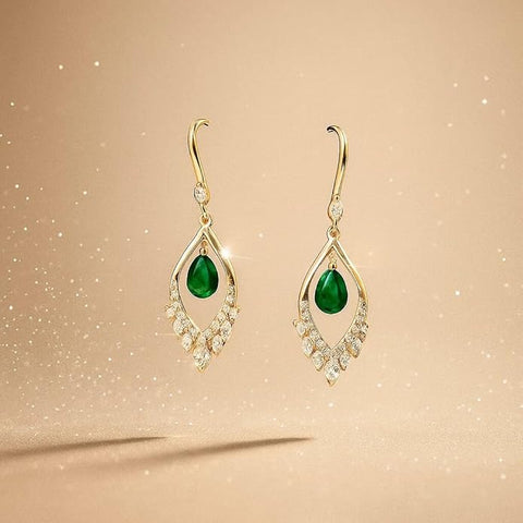 925 Sterling Silver Gold-Plated Drop Earrings for Women | Emerald Green Teardrop with White CZ Halo | Elegant Wedding & Party Jewelry