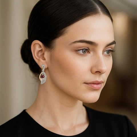 925 Sterling Silver Dual-Tone Drop Earrings for Women | Gold & Silver Colour with Red Crystal Flower Center | Elegant Party & Special Occasion Jewelry