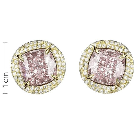 BRIA BY SAAR 925 Sterling Silver Gold-Plated Pink Cushion-Cut Stud Earrings for Women | Radiant CZ Halo Design | Luxury Wedding, Bridal & Festive Party Fine Jewellery