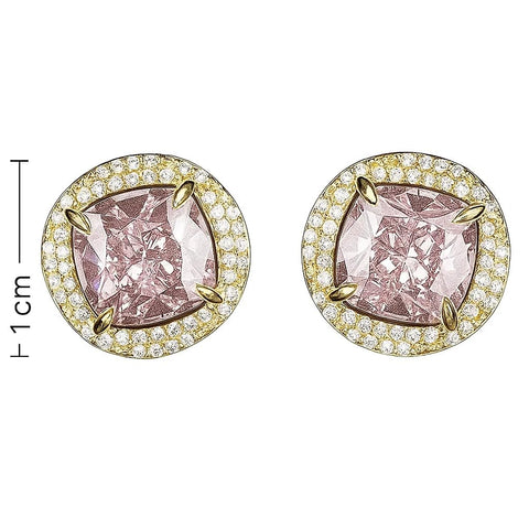 925 Sterling Silver Gold-Plated Pink Cushion-Cut Stud Earrings for Women | CZ Stone Halo Design | Luxury Wedding & Party Jewelry