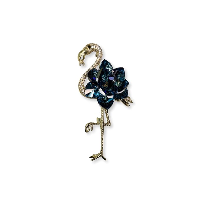 Flamingo Bird Brooch with Dark Blue Swarovski Glass Crystal Stones & Golden Finish – Elegant Design Pin for Women’s Party, Wedding, Festive & Formal Wear
