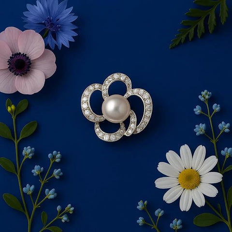 Bria By Saar Designer Crystal Floral Brooch with Central Pearl & Diamond-Style Accents – Stylish Silver Plated Pin for Sarees, Gowns, Blazers & Handbags