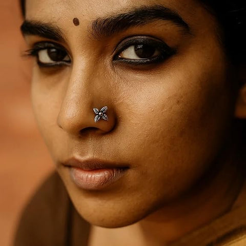 BRIA BY SAAR 925 Sterling Silver Oxidized Four Petal Leaf Nose Pin for Women and Girls | Handcrafted Antique Floral Leaf Nose Stud | Ethnic Vintage Daily Wear Nose Jewelry | Hypoallergenic and Nickel-Free