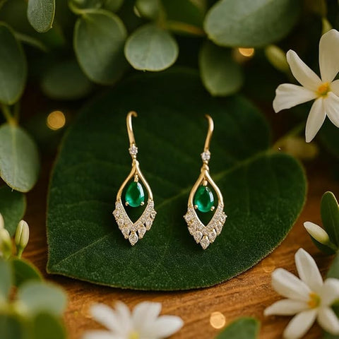 925 Sterling Silver Gold-Plated Drop Earrings for Women | Emerald Green Teardrop with White CZ Halo | Elegant Wedding & Party Jewelry