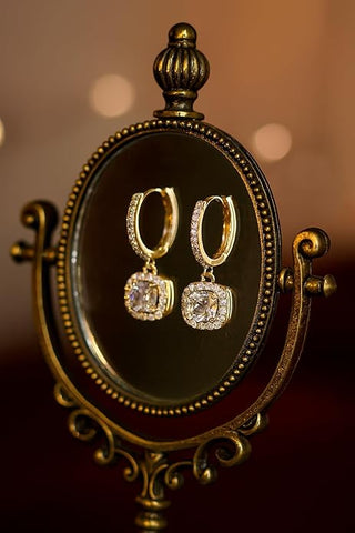 925 Sterling Silver Gold-Plated Drop Earrings for Women | Round CZ Halo Dangle with Pave Hoop Design | Elegant Wedding & Party Jewellery