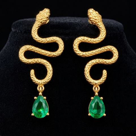 Anti-Tarnish Stainless Steel Textured Snake Drop Earrings | Gold Serpentine Dangle With Emerald Green Teardrop Crystal For Women | Water-Resistant Edgy Luxury Jewelry