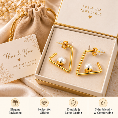 Gold Plated Square Pearl Drop Earrings for Women, Stainless Steel