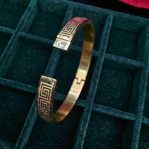 Bria By Saar Stainless Steel Golden Adjustable Gold Plated Kada Bracelet With Greek Key Pattern For Women | Premium Anti-Tarnish Open Cuff Bracelet Jewellery For Party & Gifting