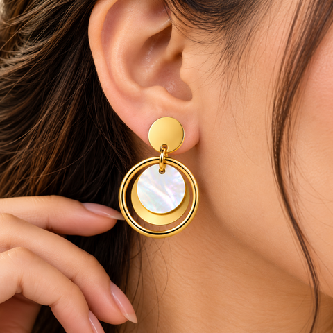 Gold Plated Circular Drop Earrings for Women with Resin and Shell Inlay