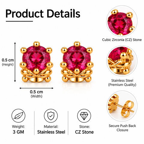Gold Plated Red Cubic Zirconia Stud Earrings for Women