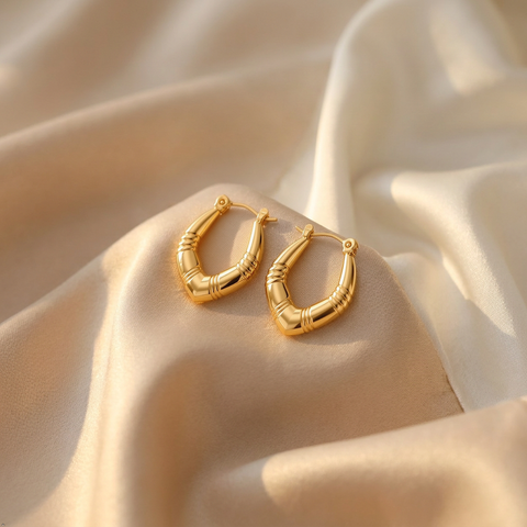 Anti-Tarnish Stainless Steel Chunky Bamboo V-Hoop Earrings | Gold Textured Geometric Tapered Hoops For Women | Water-Resistant Everyday Minimalist Luxury Jewelry