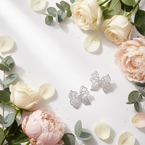 Anti-Tarnish Stainless Steel Silver Crystal Bow Stud Earrings | Baguette & Round Rhinestone Openwork Butterfly Earrings For Women | Water-Resistant Luxury Statement Jewelry Gift