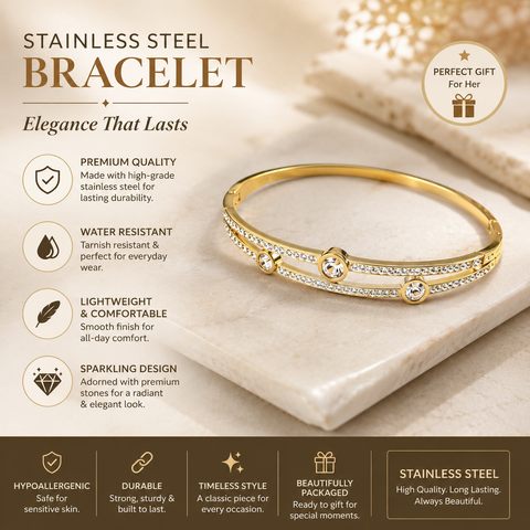 Bria By Saar Stainless Steel Golden Adjustable Gold Plated Kada Bracelet With Greek Key Pattern For Women | Premium Anti-Tarnish Open Cuff Bracelet | Stylish Daily Wear Fashion Jewellery