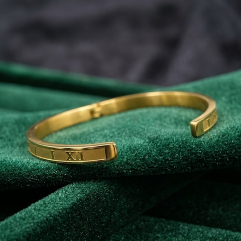 Bria By Saar Stainless Steel Golden Adjustable Gold Plated Kada Bracelet With Greek Key Pattern For Women | Premium Anti-Tarnish Open Cuff Bracelet  Jewellery  & Gifting (Pair)