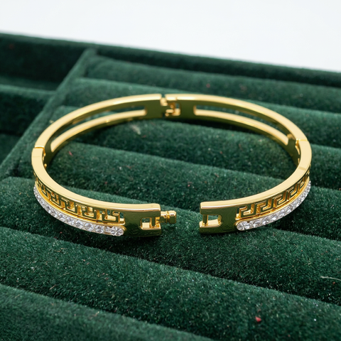 Bria By Saar Stainless Steel Golden Adjustable Gold Plated Kada Bracelet With Greek Key Pattern For Women | Premium Anti-Tarnish Open Cuff Bracelet  Stylish Daily Wear Fashion Jewellery