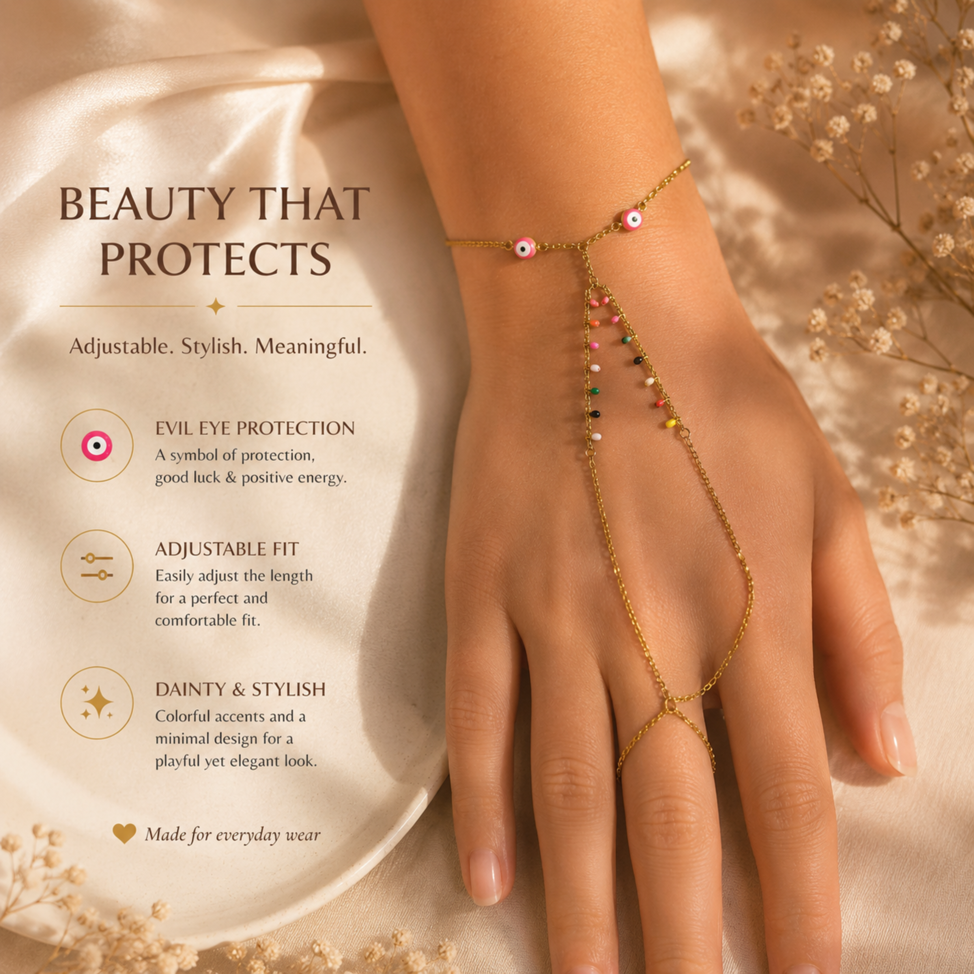 18K Gold Evil Eye Hathphool For Women & Girls | Gold-Plated Anti-Tarnish Fashion Jewellery | Elegant Daily Wear Hand Bracelet For Party, Casual & Gifting
