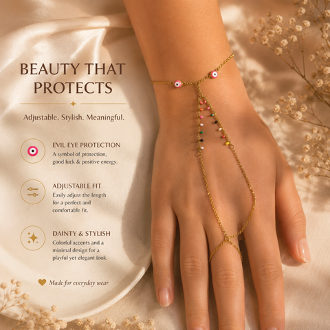 Bria By Saar 18K Gold Evil Eye Hathphool For Women & Girls | Gold-Plated Anti-Tarnish Fashion Jewellery | Elegant Daily Wear Hand Bracelet For Party, Casual & Gifting
