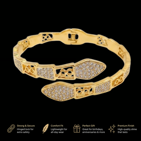 Bria By Saar Stainless Steel Golden Adjustable Gold Plated Kada Bracelet With Greek Key Pattern For Women | Premium Anti-Tarnish Open Cuff Bracelet | Stylish Daily Wear Fashion Jewellery