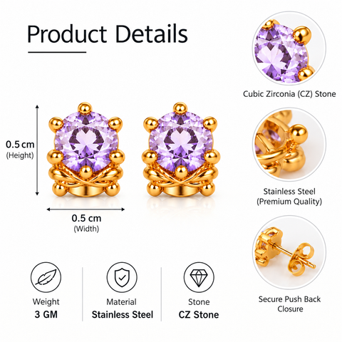 Gold Plated Purple Cubic Zirconia Stud Earrings for Women