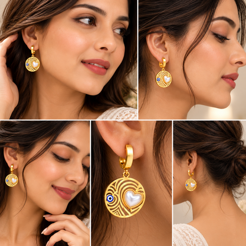 Gold Plated Heart Pearl Earrings for Women, Stainless Steel