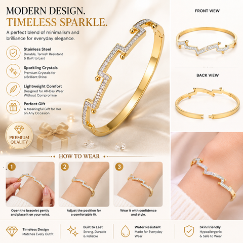Bria By Saar Stainless Steel Golden Adjustable Gold Plated Kada Bracelet With Greek Key Pattern For Women | Premium Anti-Tarnish Open Cuff Bracelet | Stylish Daily Wear Fashion Jewellery