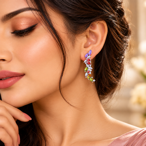 Multicolor Crystal Branch Dangle Earrings for Women, Silver Tone
