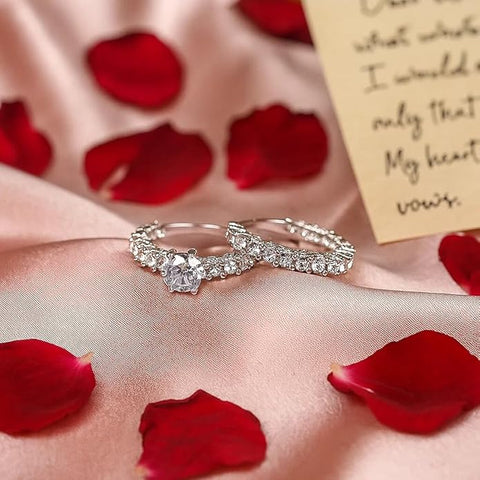 BRIA BY SAAR Elegant Silver-Plated Eternity Engagement & Wedding Ring Set – Classic Band with CZ Accents for Bridal Wear