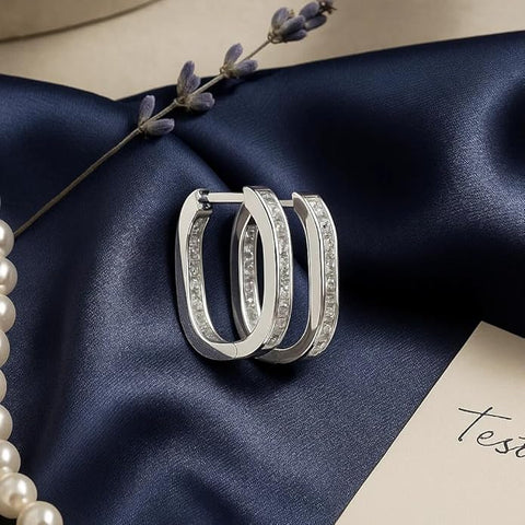 925 Sterling Silver Hoop Earrings for Women | Classic Channel-Set CZ Stone Huggie Hoops | Elegant Daily & Fashion Wear Jewelry