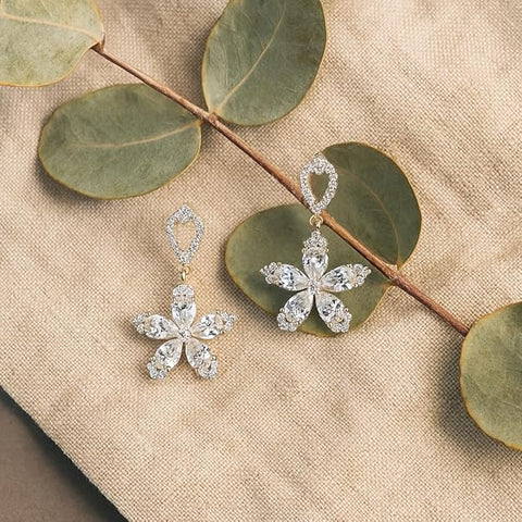 BRIA BY SAAR Luxury Floral Petal Drop Earrings in 925 Sterling Silver | 18K Gold-Plated Designer Wedding Earrings with Brilliant Cubic Zirconia Stones | Elegant Gift for Anniversaries & Special Occasions