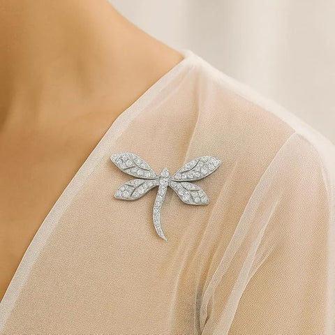 Luxury Sterling Silver Dragonfly Brooch with Sparkling Crystal Accents – Elegant Insect-Inspired Jewellery Pin for Women’s Party, Wedding, Festive & Formal Wear