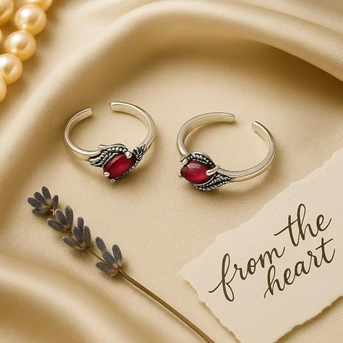 BRIA BY SAAR 925 Sterling Silver Adjustable Floral Ring/Toe Ring | Elegant Antique-Style with Pink Marcasite | Dual-Purpose Fine Jewellery (1 Pair)