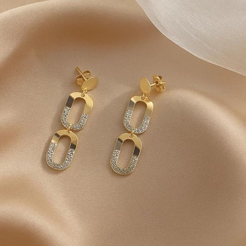BRIA BY SAAR 925 Sterling Silver Rose Gold-Plated Long Dangle Earrings | Dual-Tone Geometric Oval Link Drop Design | Modern Party Jewellery