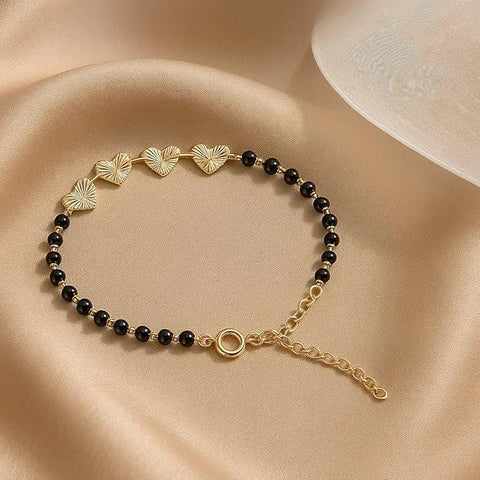 925 Sterling Silver Adjustable Black Beads Bracelet for Girls & Women | Elegant Heart Motif Mangalsutra Style Jewelry | Skin-Friendly Accessory