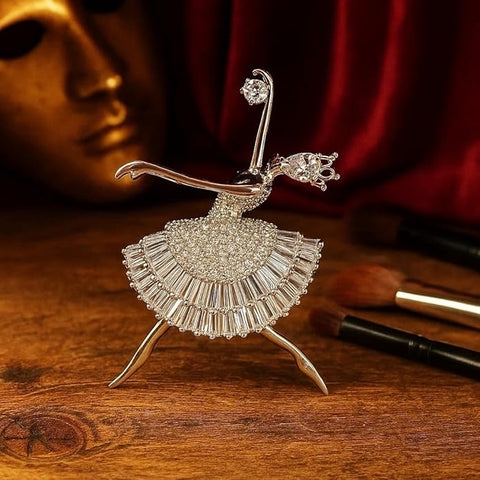 925 Sterling Silver Ballerina Style Saree Pin & Brooch for Women | Elegant Crystal-Studded Dancing Girl Dress Brooch | Stylish Blazer, & Ethnic Accessory
