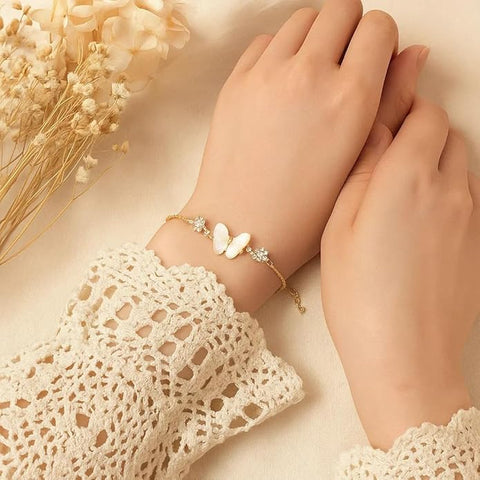 BRIA BY SAAR 925 Sterling Silver Gold-Plated Butterfly & Floral Charm Bracelet for Women & Girls | Elegant Delicate Wrist Jewellery for Ethnic & Western Wear
