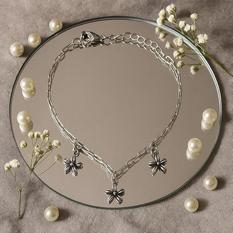 925 Sterling Silver Adjustable Floral Charm Anklet for Women & Girls | Delicate Flower Pendant Payal with Adjustable Chain | Lightweight, Skin-Friendly & Gift for Birthday, Anniversary & Festive Occasions (Pack Of 2 Pair)