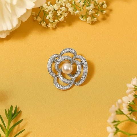 Bria By Saar Designer Crystal Floral Brooch with Central Pearl & Diamond-Style Accents – Stylish Silver Plated Pin for Sarees, Gowns, Blazers & Handbags