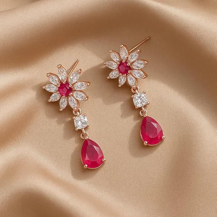 925 Sterling Silver Floral Drop Earrings for Women | Red Ruby & White CZ Stone Flower with Teardrop Design | Elegant Wedding, Party & Festive Jewelry