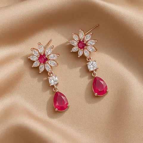 BRIA BY SAAR 925 Sterling Silver Ruby Floral Drop Earrings | Red Teardrop & CZ Stone Design | Elegant Party & Wedding Jewellery