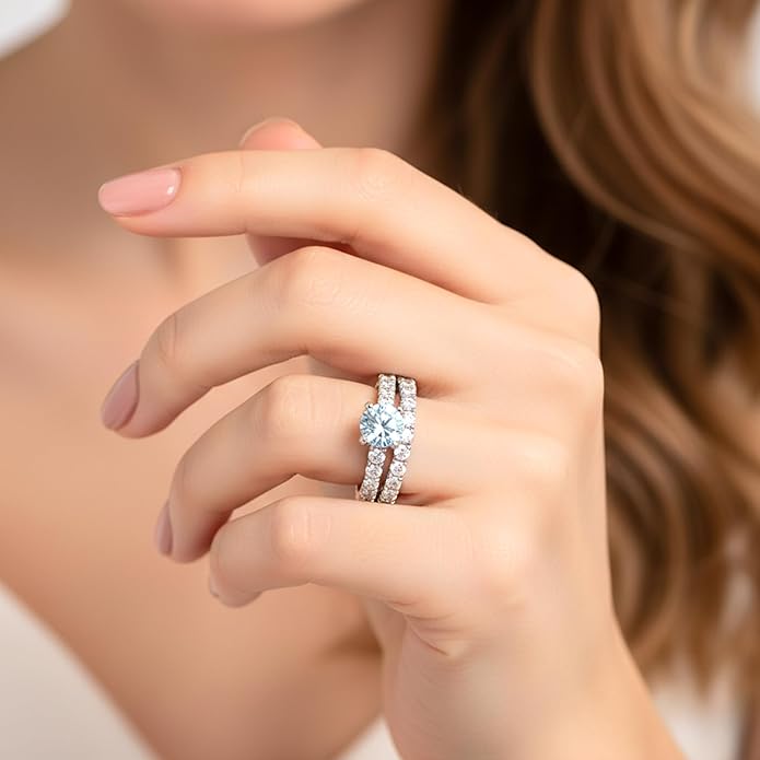Elegant Silver-Plated Eternity Engagement & Wedding Ring Set for Women | Round-Cut CZ Solitaire with Matching Eternity Band | Classic Bridal & Anniversary Jewellery Gift | 2-Piece Set