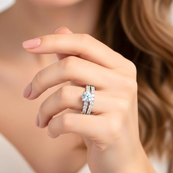Elegant Silver-Plated Eternity Engagement & Wedding Ring Set for Women | Round-Cut CZ Solitaire with Matching Eternity Band | Classic Bridal & Anniversary Jewellery Gift | 2-Piece Set