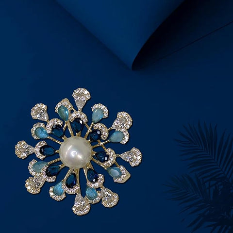 Luxury Pearl & Blue Crystal Flower Design Brooch with Sparkling Rhinestones – Elegant Party, Wedding, Festive & Formal Wear, Blazers, Ethnic & Western Outfits Pin for Women