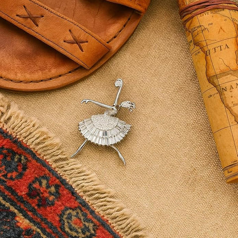 925 Sterling Silver Ballerina Style Saree Pin & Brooch for Women | Elegant Crystal-Studded Dancing Girl Dress Brooch | Stylish Blazer, & Ethnic Accessory