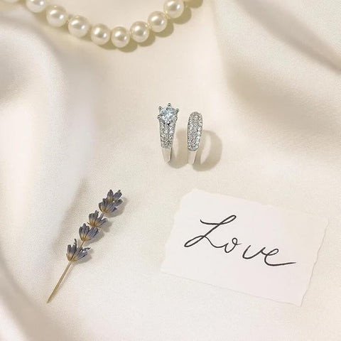 BRIA BY SAAR Elegant Silver Couple Ring Set | Pave Band with Solitaire Cubic Zirconia Centerpiece | Stylish & Timeless Symbol of Love