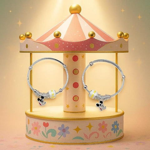 BRIA BY SAAR 925 Sterling Silver Adjustable Kids Bangles with Mickey Mouse Charm | Safe & Hypoallergenic Jewelry for Infants & Toddlers (0–5 Years) | Pair of 2 Lightweight Silver Kada for Birthdays & Naming Ceremonies